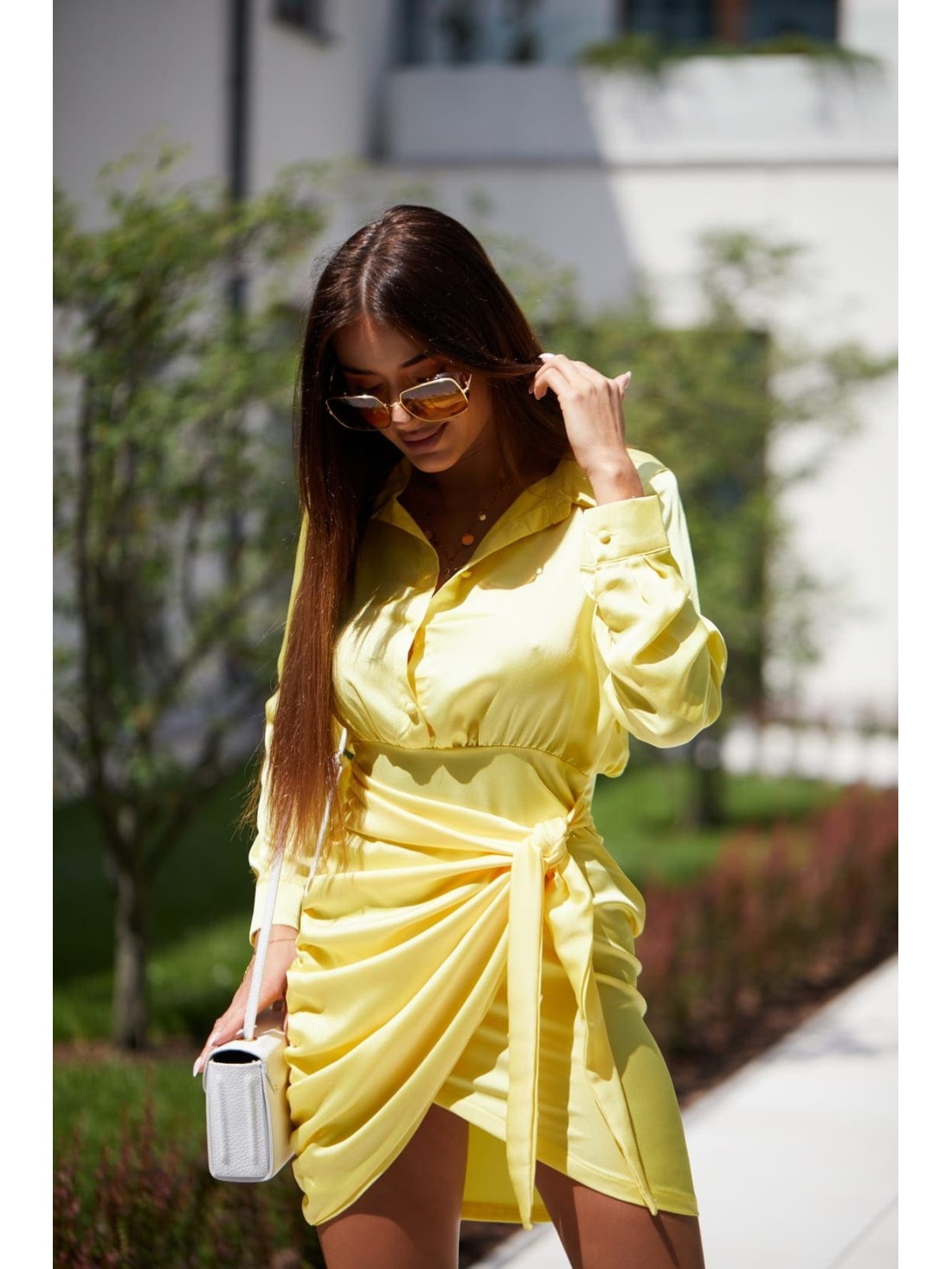 Shirt dress with a tied front, yellow FG642 - Online store - Boutique